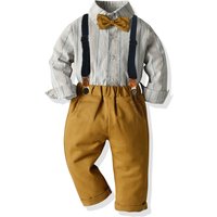 Autumn Boy Outfit Striped Long Sleeve Shirt with Solid Pants Strap Set Children 1 2 3 4 5 6 7Y Kid Birthday Costume Clothes Suit