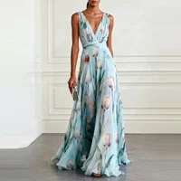2026 Blues Tulip Printed Dress Banquet Casual Women's Sleeveless V-Neck Dress Summer Dress Sexy Dress