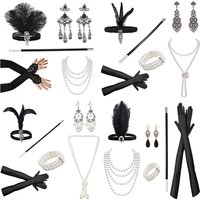 1Set 1920's Flapper Cosplay Costume Feather Headband Pearl Necklace Long Glove Gatsby Masquerade Accessories