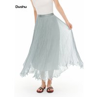 DUSHU Women High Waist A-Line Skirt 2026 Summer Chiffon Crinkled Ruffle Hem Flowy Casual Skirt Loose Fit Fairy Midi Light Blue