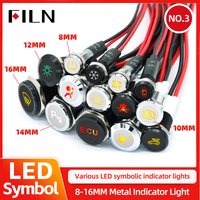 FILN LED Dashboard Indicator Light 12V 24V 8mm 10mm 12mm 14mm 16mm Metal Warning Light with Wire Symbol for Vehicles