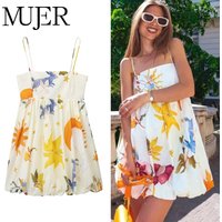 MUJER Print Slip Mini Dress Women Sleeveless Summer Dress Woman 2025 Ruched Sundress Vestidos Backless Short Dresses for Women