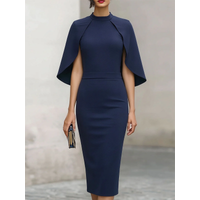 Elegant High Neck Cape Sleeve Fitted Midi Dress With Waist Detail For Women Formal Evening Party Occasion