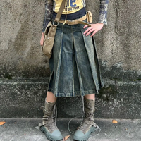 American Style Gothic Denim Skirts Women Streetwear Y2k High Waisted Vintage A- Line Middle Long Dress Trendy Fashionable Skirts