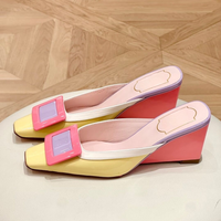 Ruyan Vuicr Macaron Color Block Mule Shoes Women's Slope Heel Square Head High Heel Half Slippers Casual Style Sheepskin Inner