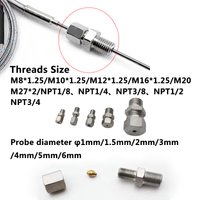 Sheathed Thermocouple Temperature Sensor 1100 Degree K PT100 Type Ungrounded M12*1.25/M16*1.25 Controller 1-12mm Threads Size
