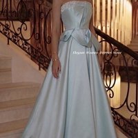 Evening Dresses Women 2026 Light Blue Strapless Satin Beaded Bow Formal Prom Gown Платье Вечернее Customized