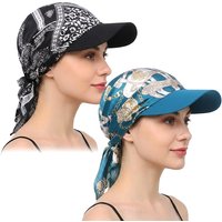 2PCS/LOT Women Fashion Printed Satin Headscarf Hat with Brim Sun Hats Summer Soft Breathable Headscarf Caps Baseball Cap