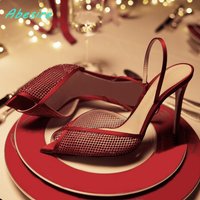 Red Patchwork Rivet Pointed Toe Sandals Peep Toe Thin Heels Back-Strap Shoes for Women Spicy Girls Elegant Daily Fashion Shoes