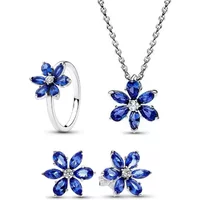 Earrings 925 Sterling Silver Sparkling Blue Glass Flower Series Earrings Necklace Ring Women High-end Personalized Jewelry Gift