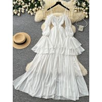 French White Long Dress Women Sexy Off Shoulder Long Sleeve Evening Paryty Dresses Ladies Ruffled Chiffon Long Robe Vestidos