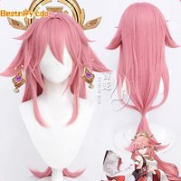 Simulated Scalp Yae Miko Cosplay Wig Genshin Impact Cosplay Yae Miko Wig Pink Heat Resistant Hair Party Woman Wigs + Wig Cap