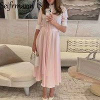 Seifrmann Contrast striped silk dress lapel short-sleeved lace-up waist long dress 2026 summer women's new style