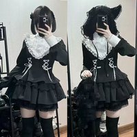 Jirai Kei Dark Gothic Ryousan Lace Long Sleeve Dress Y2K Aesthetic 2000s Layered Lolita Nun Black Kuro Kawaii Set Japanese Style