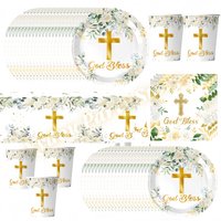 White Holy Communion Baptism Flower Cross Party Decoration Religious God Bless Theme Set Plate Cup Napkin Baby Shower Supplies