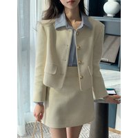 New Korean Fashion Tweed Two Piece Set For Women Autumn Winter Elegant Long Sleeve Short Jacket Coat + Mini Skirt Suits OL