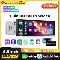 Podofo 6.5-calowy 1DIN Radio Samochodowe z Dotykowym Ekranem Incell, Carplay, Android Auto, Mirror Link, FM AM RDS, Odtwarzacz Multimedialny, Uniwersalna Radioodbiornik Samochodowy do VW AUDI
