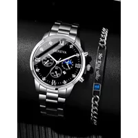 2PCs Men's Fashion Business Calendar Round Steel Band Quartz Watch+Chain Bracelet Set