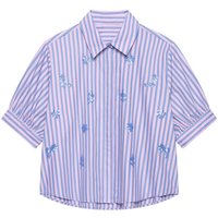 Women's Striped Shirts New 2026 Summer Fashion Women Lacpel Collar Appliques Short Sleeve Elegant Blouses Casual Female Chic Top
