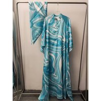 Retro geometric print single breasted pullover dress 2026 summer women's shirt skirt fashionable loose fluffy skirt+headscarf