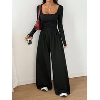Women's Deep Square Neck Long Sleeve Jumpsuit, Brown, Waist-Controlled Flattering Wide-Leg Romper