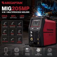 ARCCAPTAIN MIG205MP 205A 9 in 1 Welding Machine MIG Flux Core MMA CUT DC HF TIG Lift TIG Clean Spot Welding Aluminum Welder with APP Remote Monitoring Synergy Control Memory Function LED Display Dual