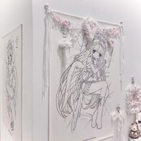 Healing Angel Anime Girl Tapestry, Black White Line Art Wall Hanging, Gothic Sweet Aesthetic Background Cloth for Bedroom Dorm