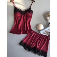 Summer Sleepwear Women Pajama Suit Fashion V-Neck Stretch Satin Babydoll Lace Sexy Lingerie Pyjamas Sleep Shorts Set