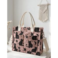 Pink Black Cat & Celestial Print Corduroy Tote Bag Large Capacity Multi Pocket Cat Lover Commuter Shoulder Bag