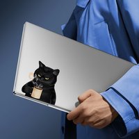 A cute cartoon cat drinking coffee sticker - matte vinyl self-adhesive flower for laptop, home and car decoration