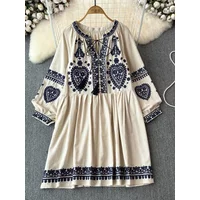 Women's Spring Autumn Dress Bohemian Retro Ethnic Style Cotton Linen Blend Embroidered Long Sleeves Mini Dress A130