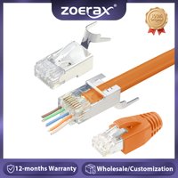 ZoeRax Cat7 Cat6A RJ45 Shielded Pass Through Connectors 50μ Gold Plated Modular Plug Ethernet Connector with Strain Relief Boot