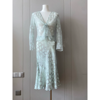 2026 Women Retro Print Silk Set Lace-up V-Neck Long Sleeve Top + High Waist Midi Skirt Elegant Ladies Suit