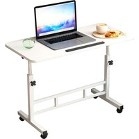 Mobile Laptop Desk with Wheels, Adjustable Height 65-87cm Folding Table with 180° Rotating Tabletop, Compact Rolling Workstation for Bed, Office, Living Room