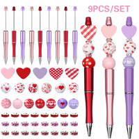 Back To School Season 9PCS Valentine's Day Themed DIY Bead Pen Set, Paired With Multiple Heart-Shaped Wooden Beads