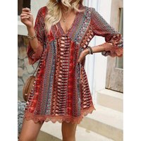 Women Boho Print Lace Trim Mini Dress V Neck 3/4 Sleeve Flowy A-Line Casual Beach Tunic Dress Multi Colors
