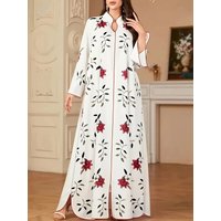 Ladies' elegant Ramadan Eid Muslim print V-neck long sleeved loose A-line skirt with slit hem long skirt