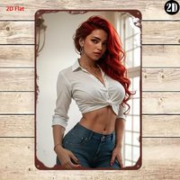 2D Metal Sign,Red-haired Woman in White Knotted Shirt & Jeans Retro Metal Tin Sign, Wall Art Decor