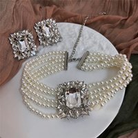 2 Pcs Rhinestones Square Leaf Multi-layer Necklaces Europe American Exaggerated Chokers Necklaces Collarbone Jewelry Sets K