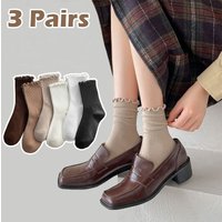 3 Pairs Autumn Winter High Value Black Mushroom Edge Mid-calf Women Socks Casual Elegant Solid Color Cotton Socks Kawii Socks