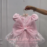 Pink Lace Flower Girl Dress With Puff Sleeves & Bow Kids Birthday Party & Wedding Pageant Communion Gown Customized