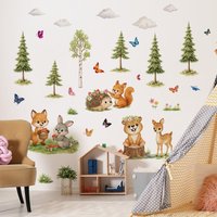 Woodland Forest Animals Wall Decals, Removable Fox Rabbit Squirrel Deer Hedgehog Pine Tree Wall Stickers, Kids Nursery Bedroom