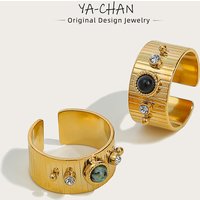 YACHAN Stainless Steel 18 K Gold Plated Wide Rings For Women Green Natural Stone Crystal Finger Open Ring Trendy Jewelry Gift