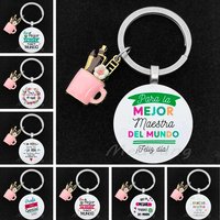 Spanish Teacher's Day Gift keychain Pen holder pendant Convex glass key chain Pink keyring keyholder Graduation Season Gift