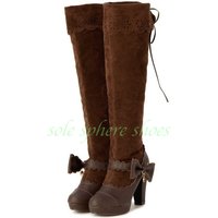 Lady Suede Cut-Out Bowtie Knee Boots Chunky Heel Elegant Dark Brown Suede Lace Design Lolita Dress Elegant Boots Pu Bowtie Size