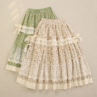 Japanese Sweet Mori Girl Floral Printed Lace Patchwork Skirt Women Spring Summer New Elastic Waist Casual Loose A-Line Skirts