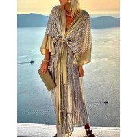 2025 Women Beach Style Three Quarter Batwing Sleeve Holiday Dress V-Neck Sequin Lace-Up Summer Patchwork Ladies Maxi Party Dress