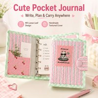 M5 Loose Leaf Notebook Pink Plaid Cat Pocket Journal 40 Blank Pages Handmade Textured Cover Portable Diary