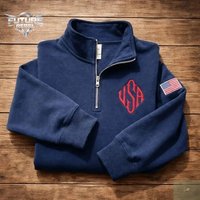 Herren Sweatshirt Harajuku Y2K Marineblau Viertelreißverschluss Pullover USA Bestickte Flaggen-Applikation Vintage Streetwear Jacke Lässig Unisex