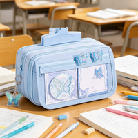 Double Zipper Multi-layer Pencil Case, Clear Front Window Butterfly Decor Pen Pouch with Inner Mesh Compartments